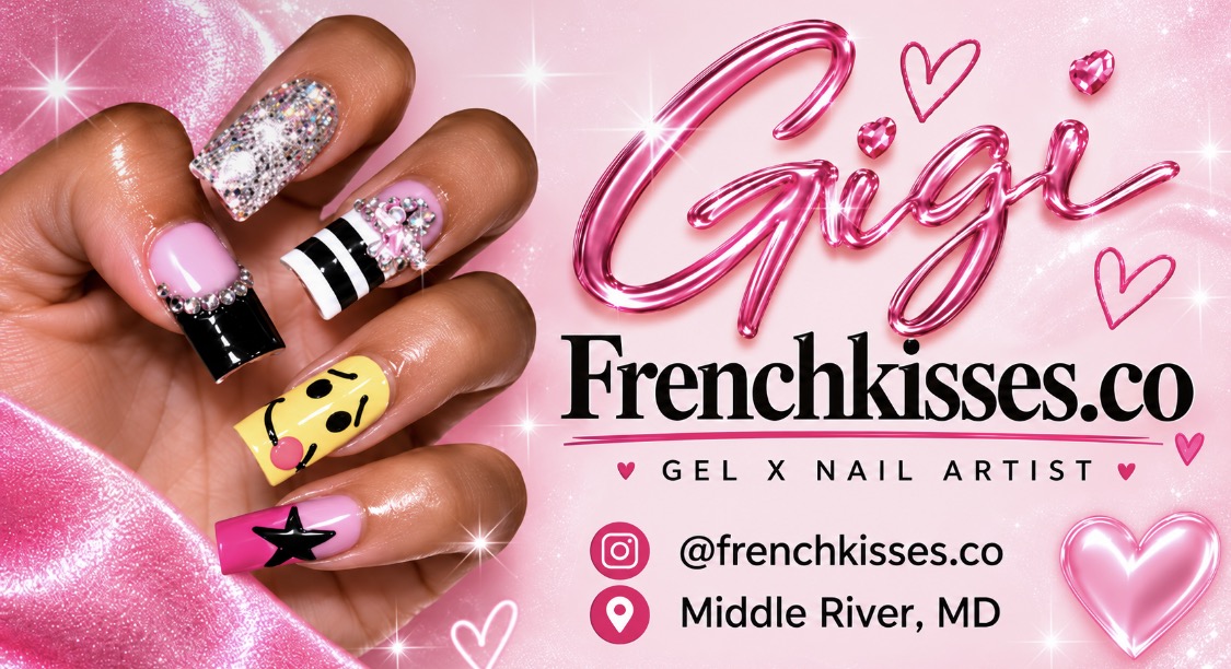 Frenchkisses.co original pink nail artwork featuring Gigi's Gel X nails